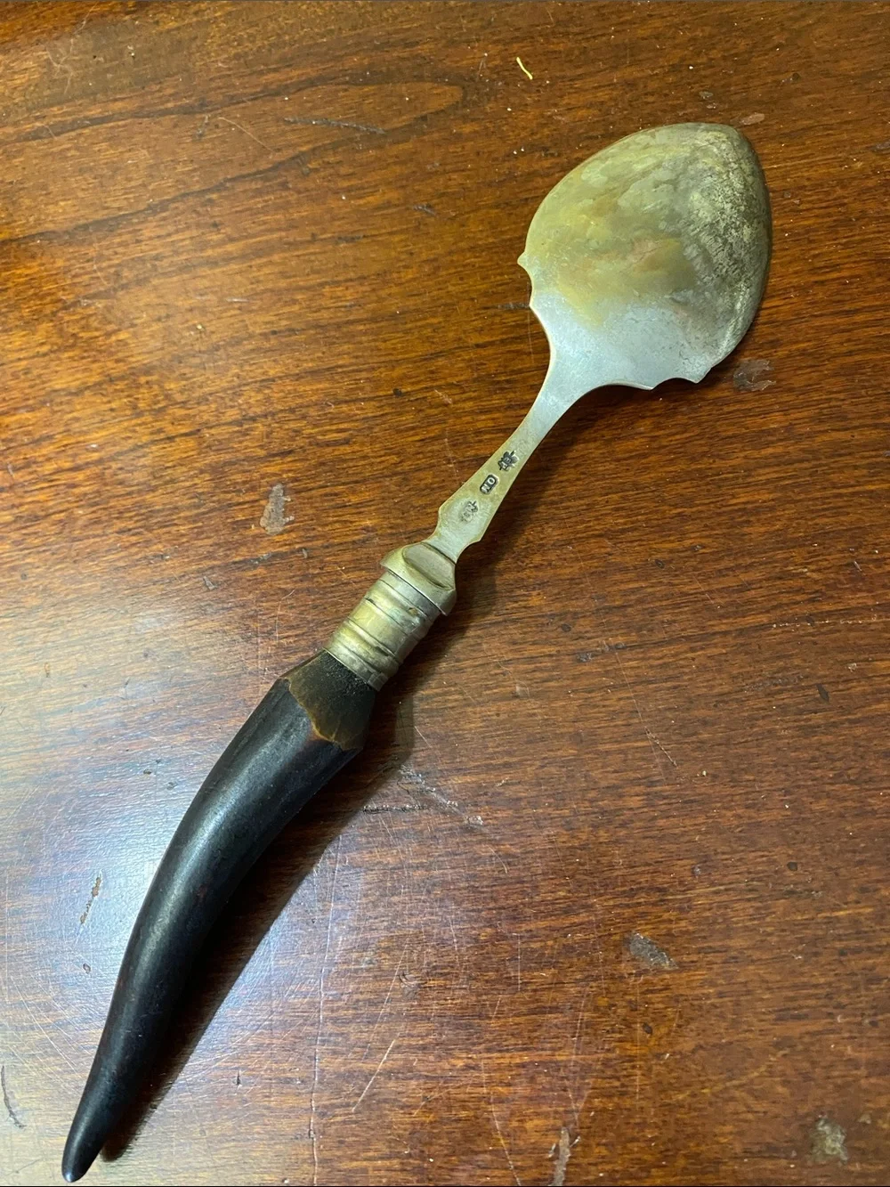 Vintage Brass Jam Spoon, Etched Botanical Design &Horn Handle